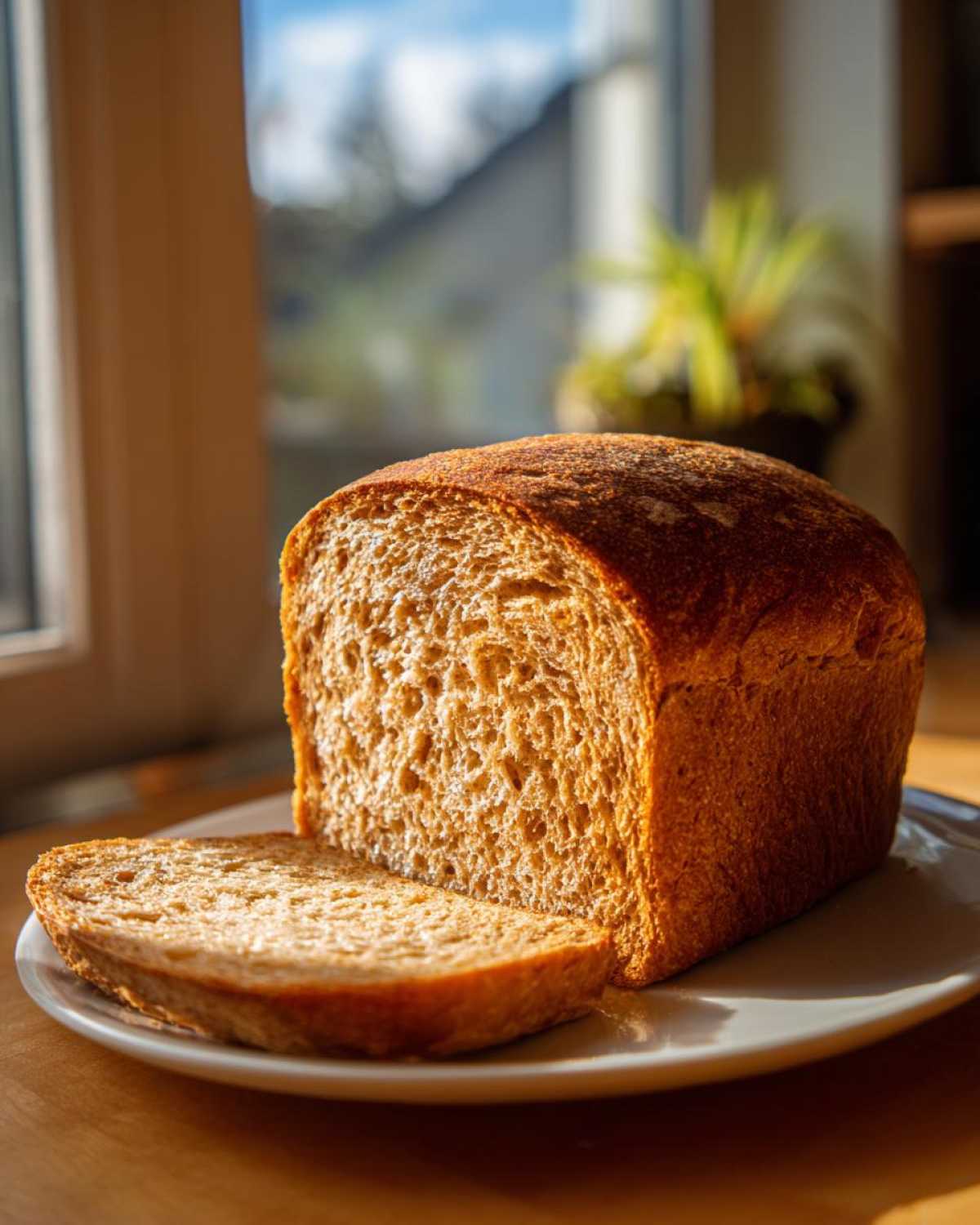 A freshly baked loaf of whole wheat bread, partially sliced, sitting on a white plate indoors.