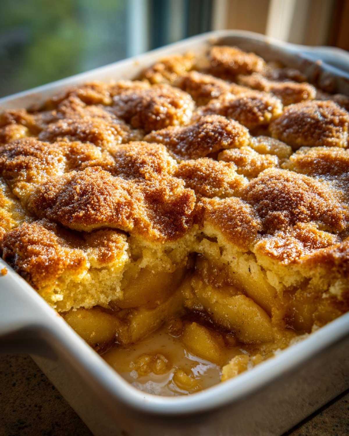 Close-up of a golden brown apple cobbler recipe, showing the sugary topping and gooey apple filling in a white baking dish.