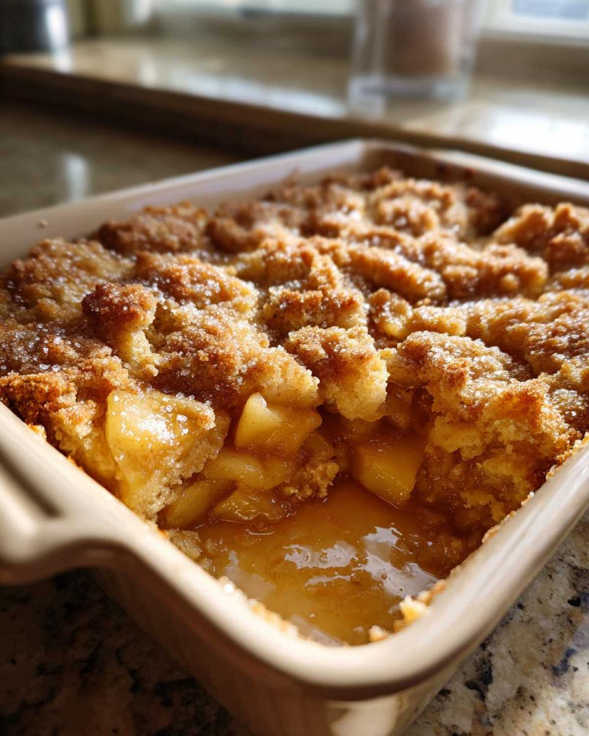 Close-up of a warm apple cobbler recipe with a crumbly topping and gooey filling in a square baking dish.