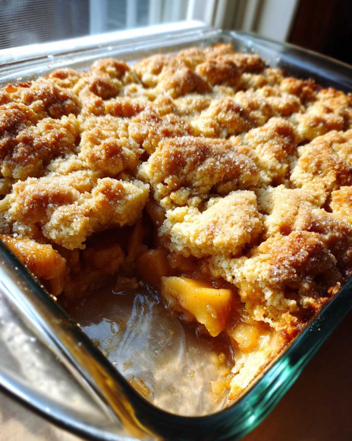 Close-up of a golden brown apple cobbler recipe with a crumbly topping, showing baked apple filling in a glass dish.