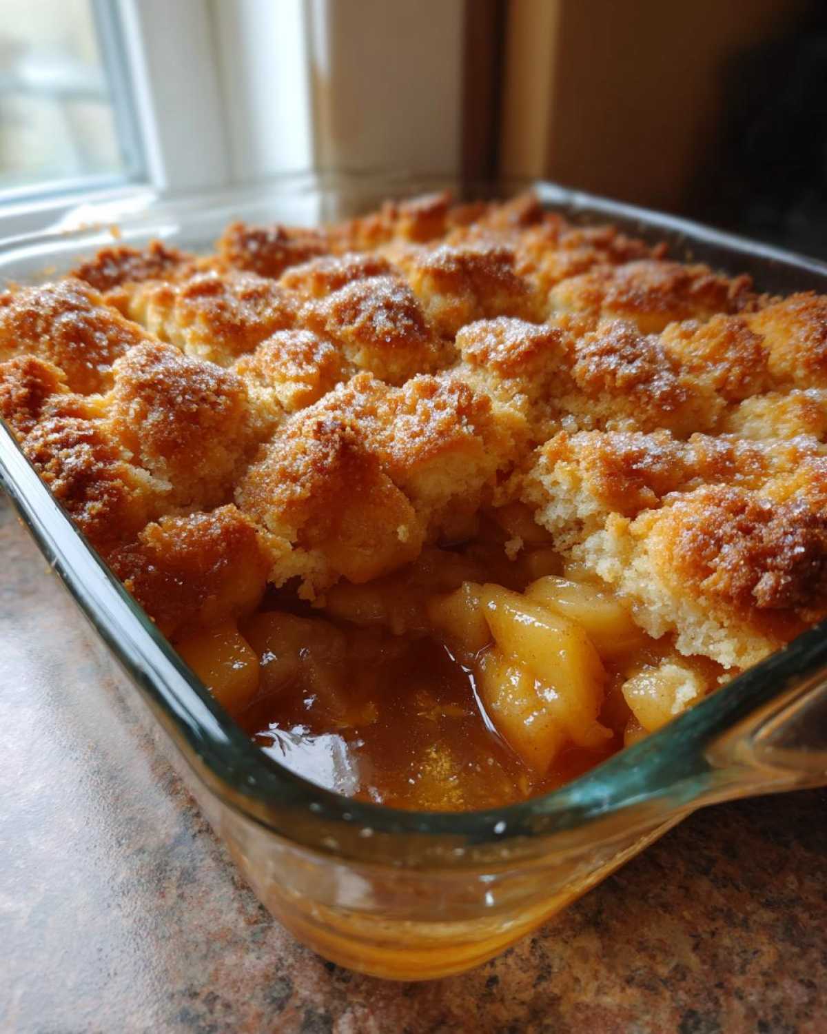 Close-up of a golden brown apple cobbler recipe baked in a clear glass dish, showing bubbling fruit filling.