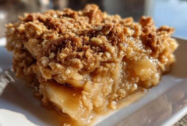 A close-up, mouthwatering shot of a square serving of apple crisp recipe showing warm, gooey filling and crunchy oat topping.