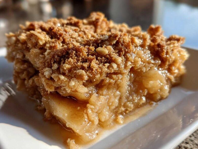 A close-up, mouthwatering shot of a square serving of apple crisp recipe showing warm, gooey filling and crunchy oat topping.