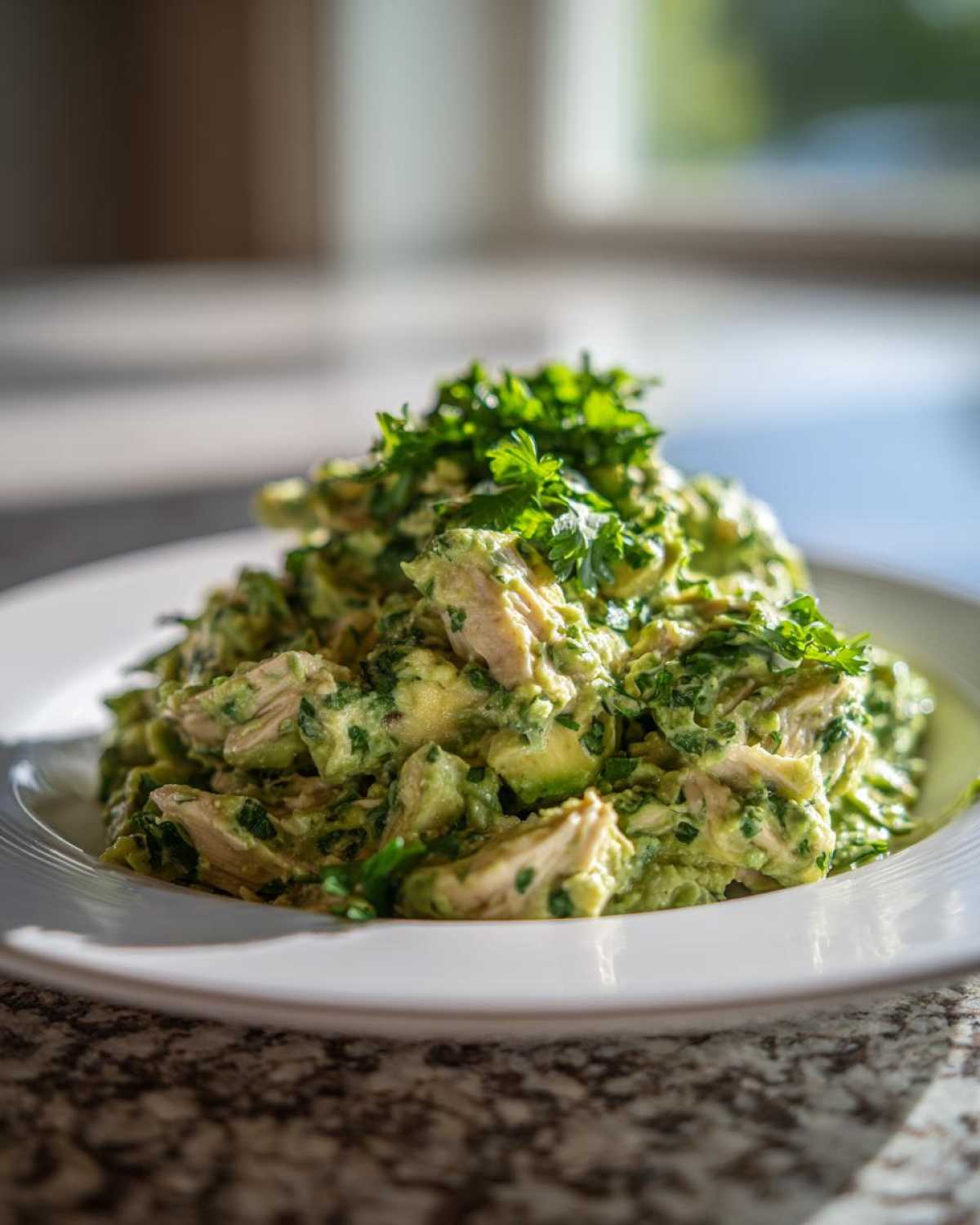 A mound of creamy avocado chicken salad topped with fresh parsley, served on a white plate.