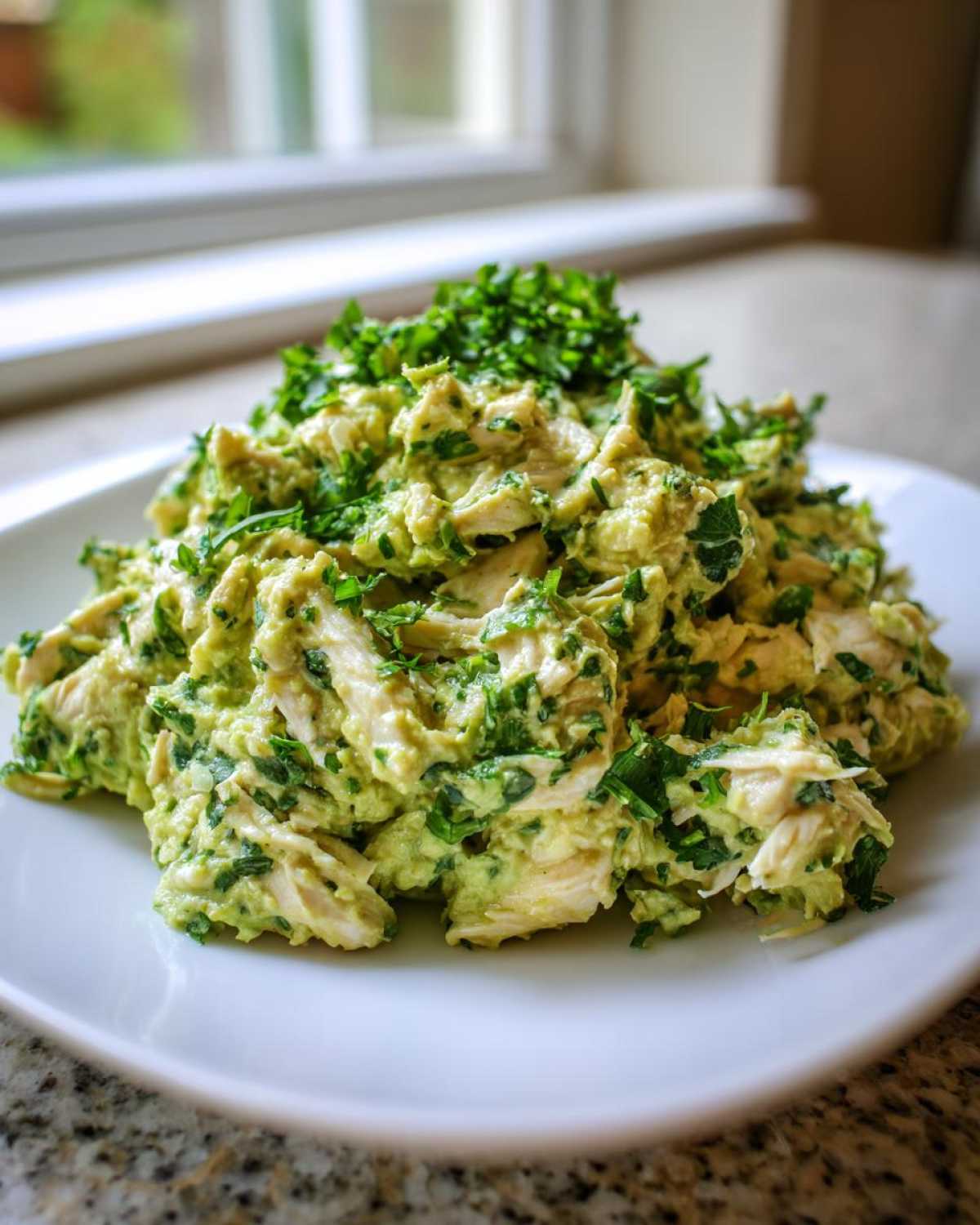 A mound of creamy avocado chicken salad topped generously with fresh chopped parsley, served on a white plate.