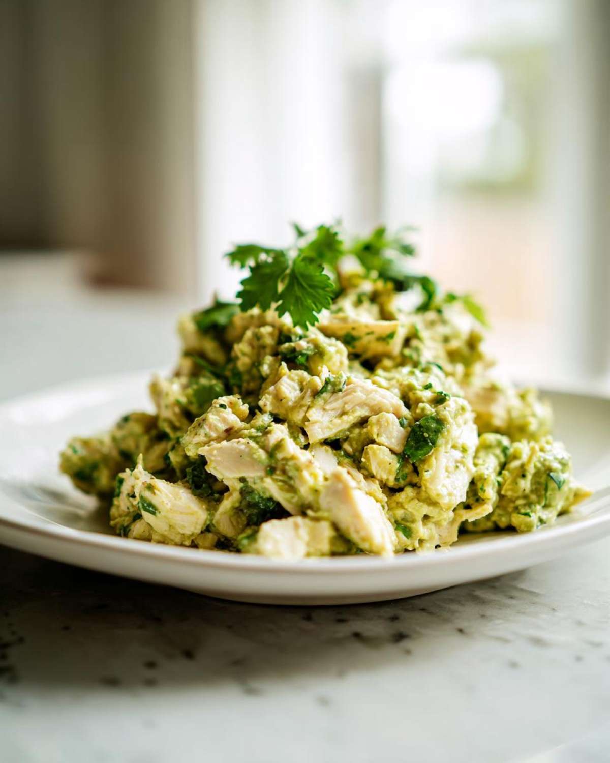 A close-up of a mound of creamy avocado chicken salad garnished with fresh cilantro on a white plate.