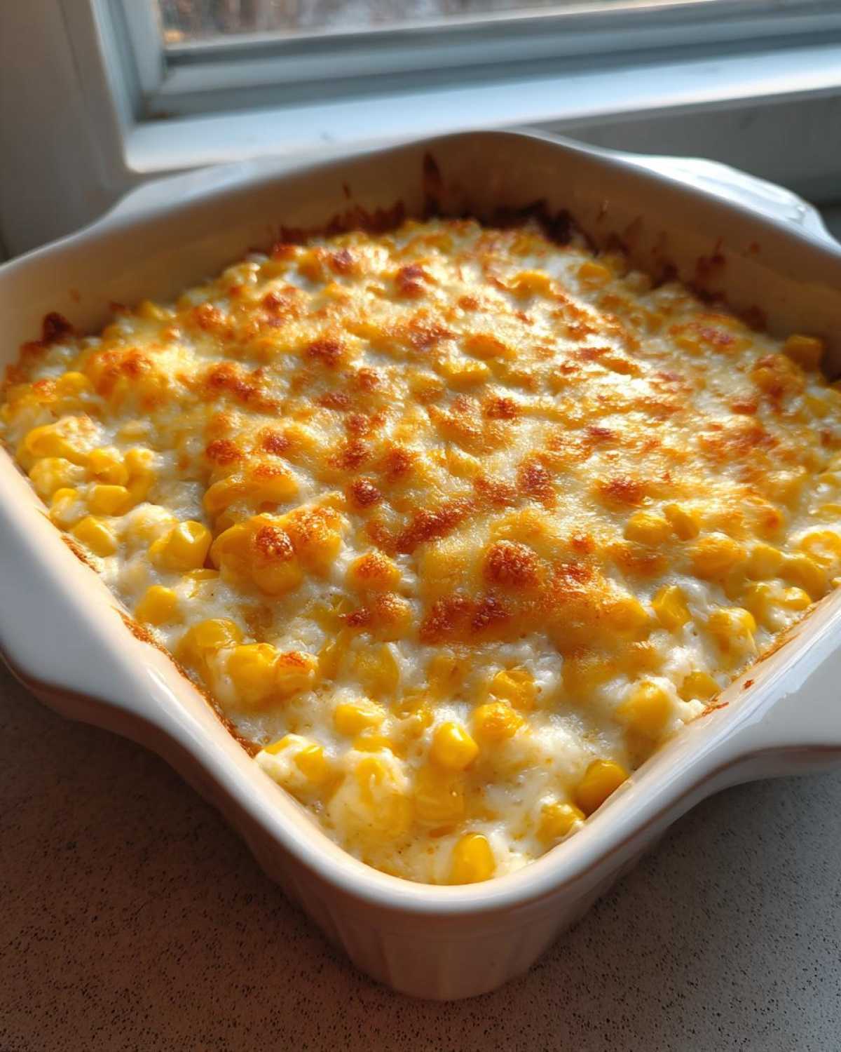 Close-up of a baked corn dip with cream cheese, featuring bright yellow corn kernels under a bubbly, golden-brown melted cheese crust.