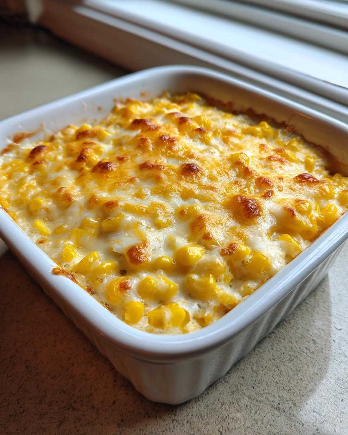 Close-up of baked corn dip with cream cheese, featuring bright yellow corn kernels and a bubbly, golden-brown cheese crust.