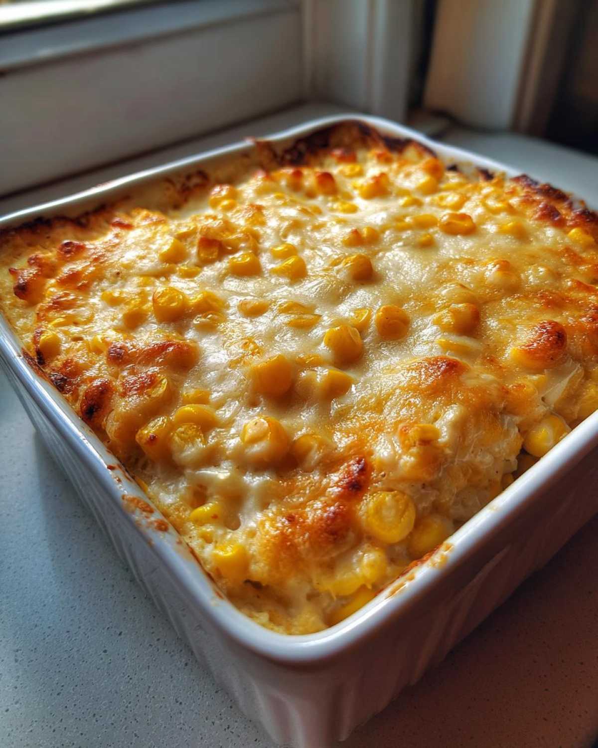 Close-up of a freshly baked corn dip with cream cheese, featuring a bubbly, golden-brown cheesy top layer.