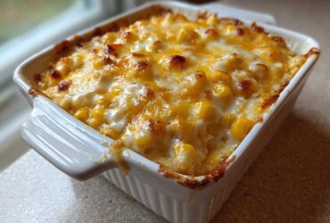 Close-up of a baked corn dip with cream cheese base topped with bubbly, browned cheddar cheese.