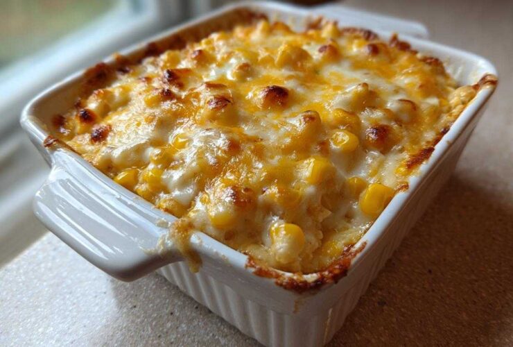 Close-up of a baked corn dip with cream cheese base topped with bubbly, browned cheddar cheese.