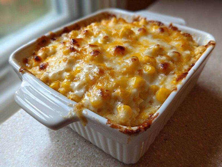 Close-up of a baked corn dip with cream cheese base topped with bubbly, browned cheddar cheese.