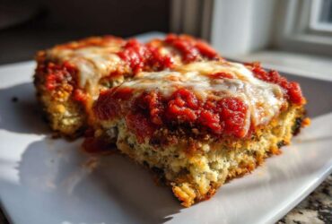 Two baked slices of low-calorie eggplant parmesan topped with rich marinara sauce and melted mozzarella cheese.