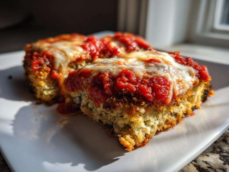 Two baked slices of low-calorie eggplant parmesan topped with rich marinara sauce and melted mozzarella cheese.