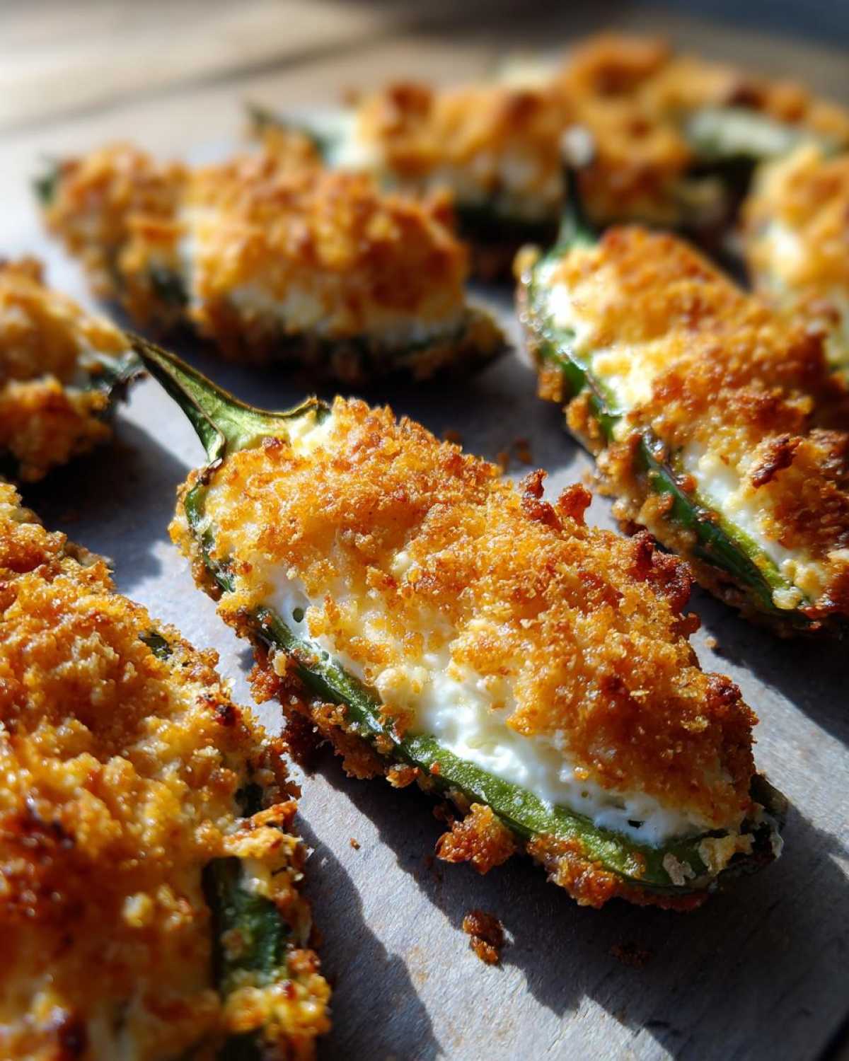 Close-up of baked jalapeño poppers stuffed with cream cheese and topped with a golden, crispy breadcrumb crust.