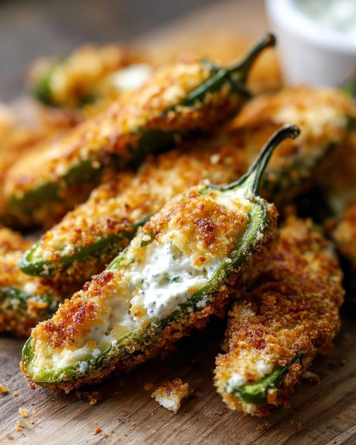 A close-up of baked jalapeño poppers, one cut open showing the creamy filling.