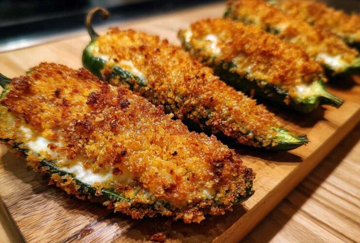 Close-up of golden brown baked jalapeño poppers stuffed with cream cheese and covered in crispy breadcrumbs.