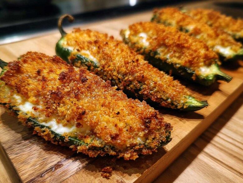 Close-up of golden brown baked jalapeño poppers stuffed with cream cheese and covered in crispy breadcrumbs.
