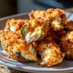 Close-up of golden brown baked Jalapeño poppers, showing the creamy cheese filling spilling out of a halved pepper.