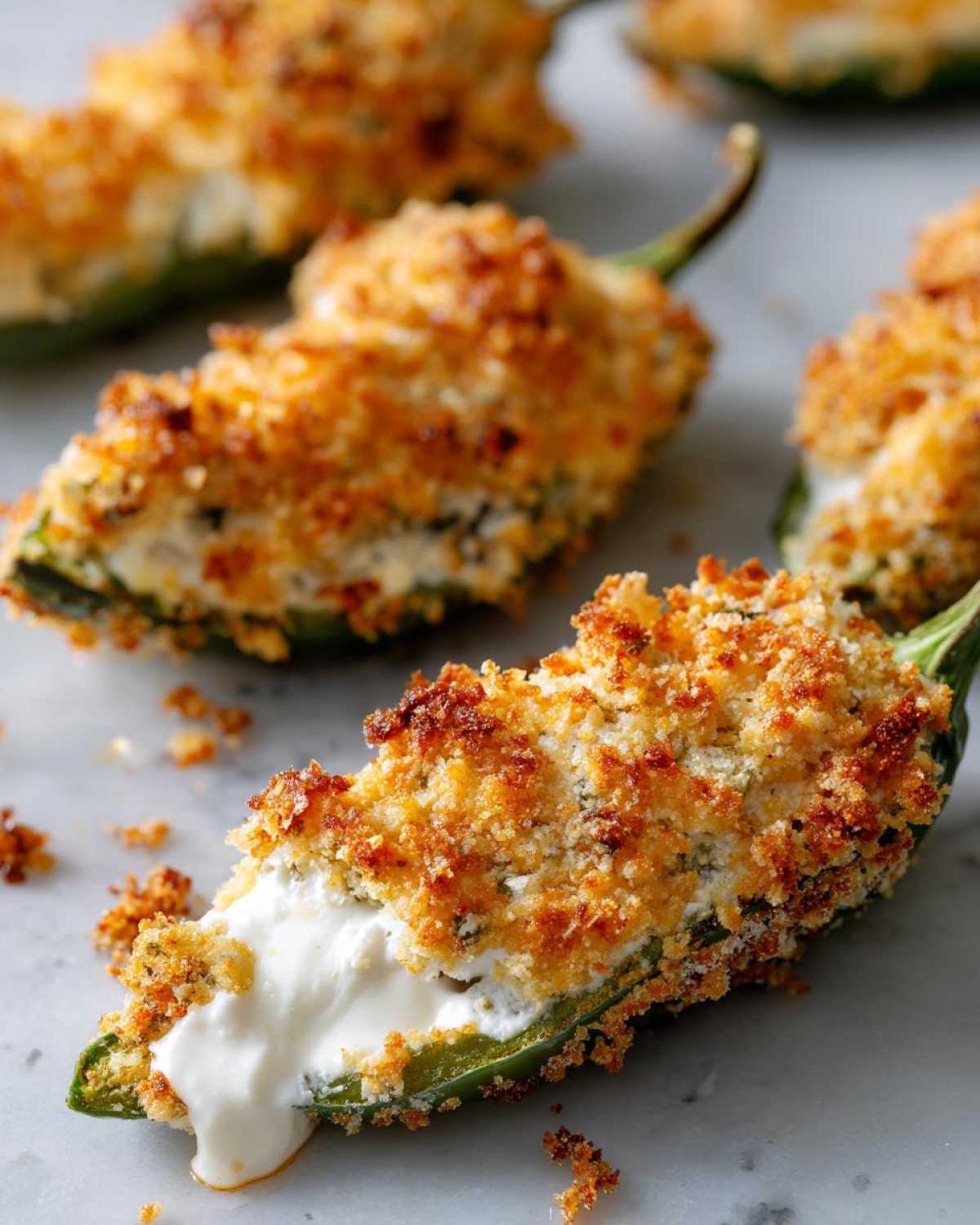 Close-up of a baked jalapeño popper cut in half, showing the creamy white filling oozing out and a crispy golden breadcrumb topping.