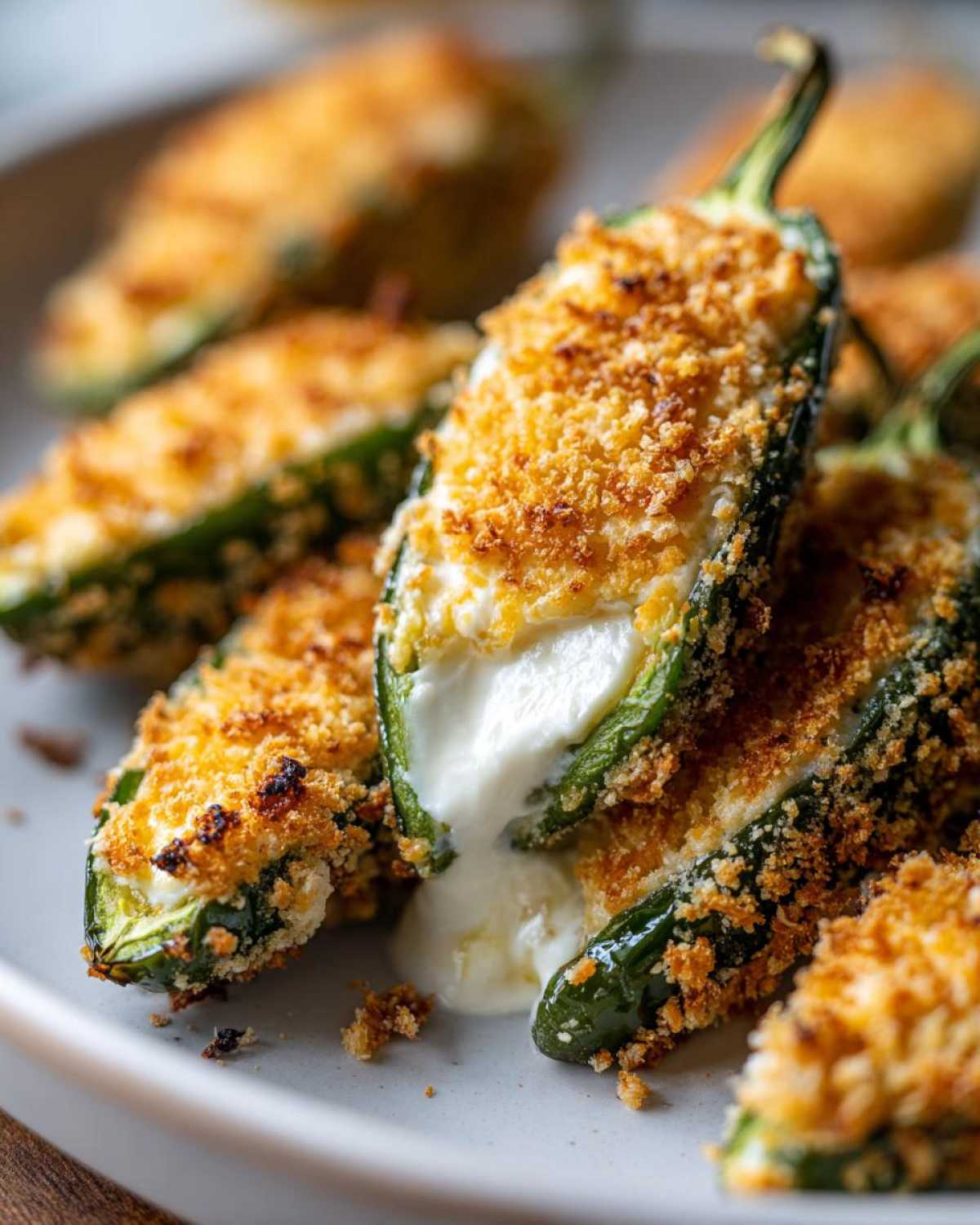 Close-up of baked jalapeño poppers stuffed with cream cheese, featuring a crispy breadcrumb topping and melted cheese oozing out.