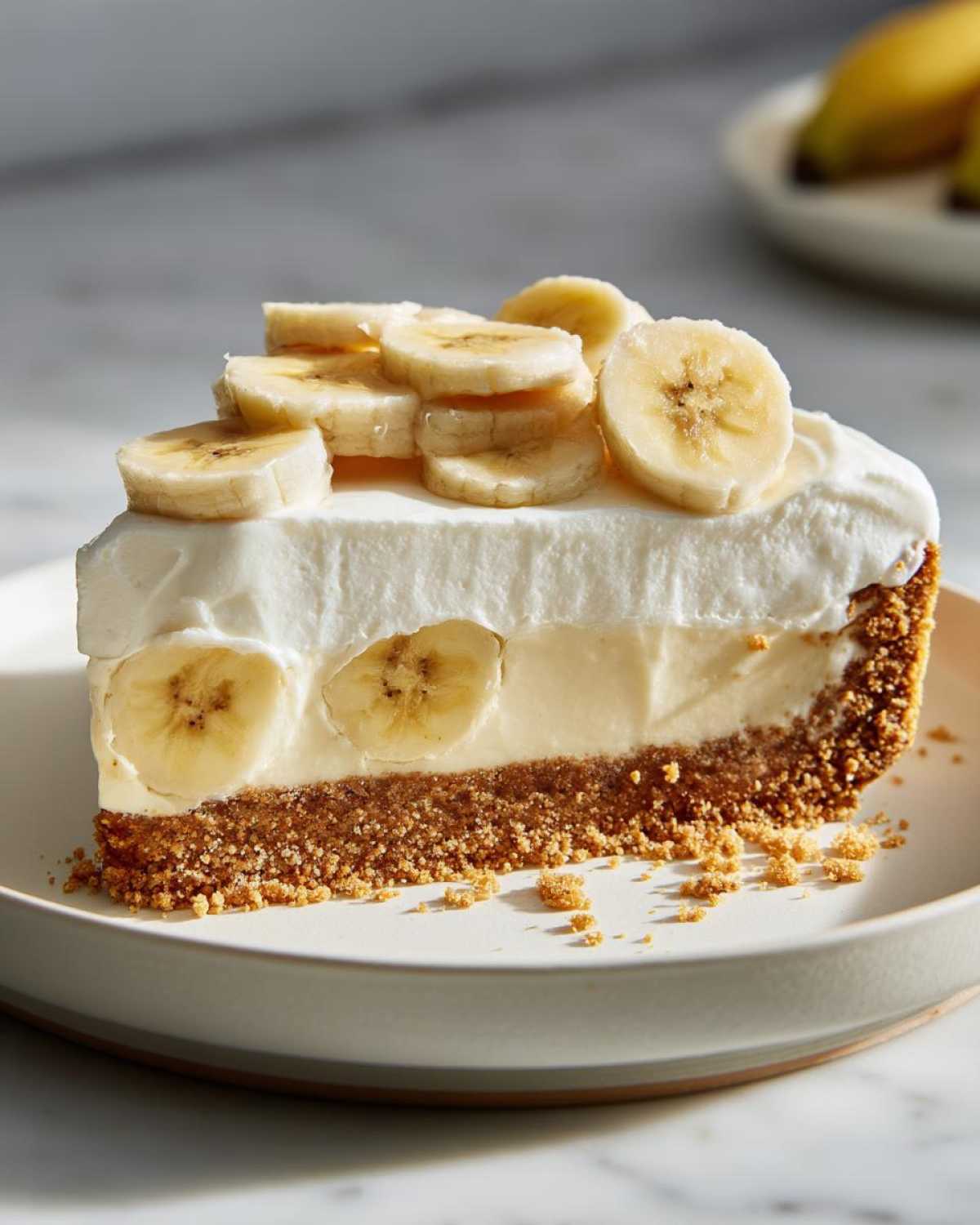 A decadent slice of banana cream pie recipe showing graham cracker crust, creamy filling, and fresh banana slices.