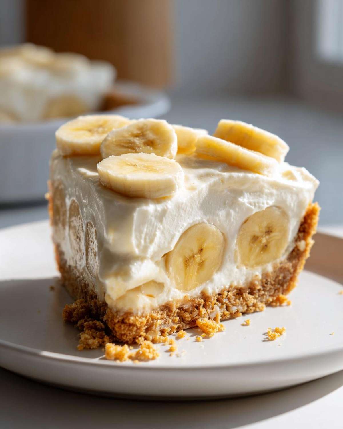 A close-up slice of banana cream pie recipe with a graham cracker crust and creamy filling topped with fresh banana slices.