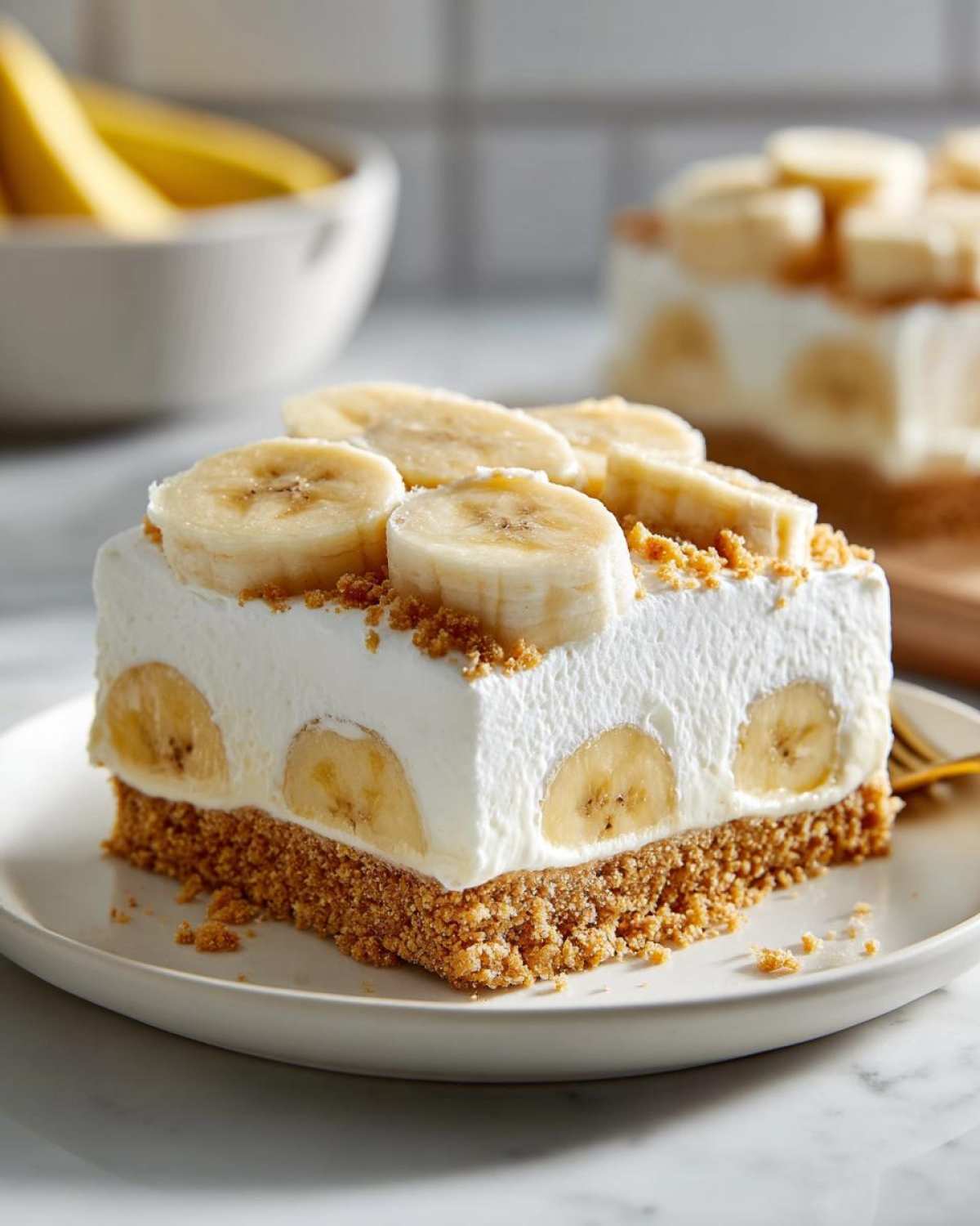 A square slice of no-bake banana cream pie recipe with a thick graham cracker crust and whipped topping.