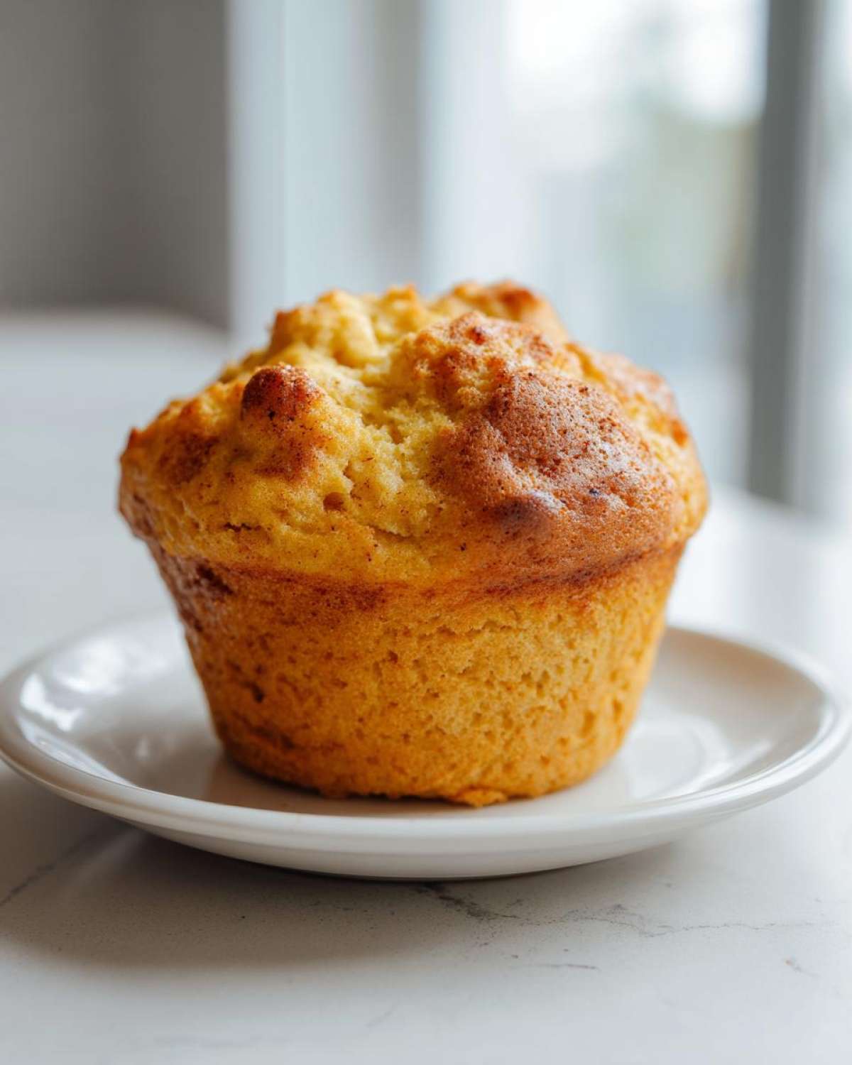 A single, golden-brown banana protein muffin resting on a small white saucer.