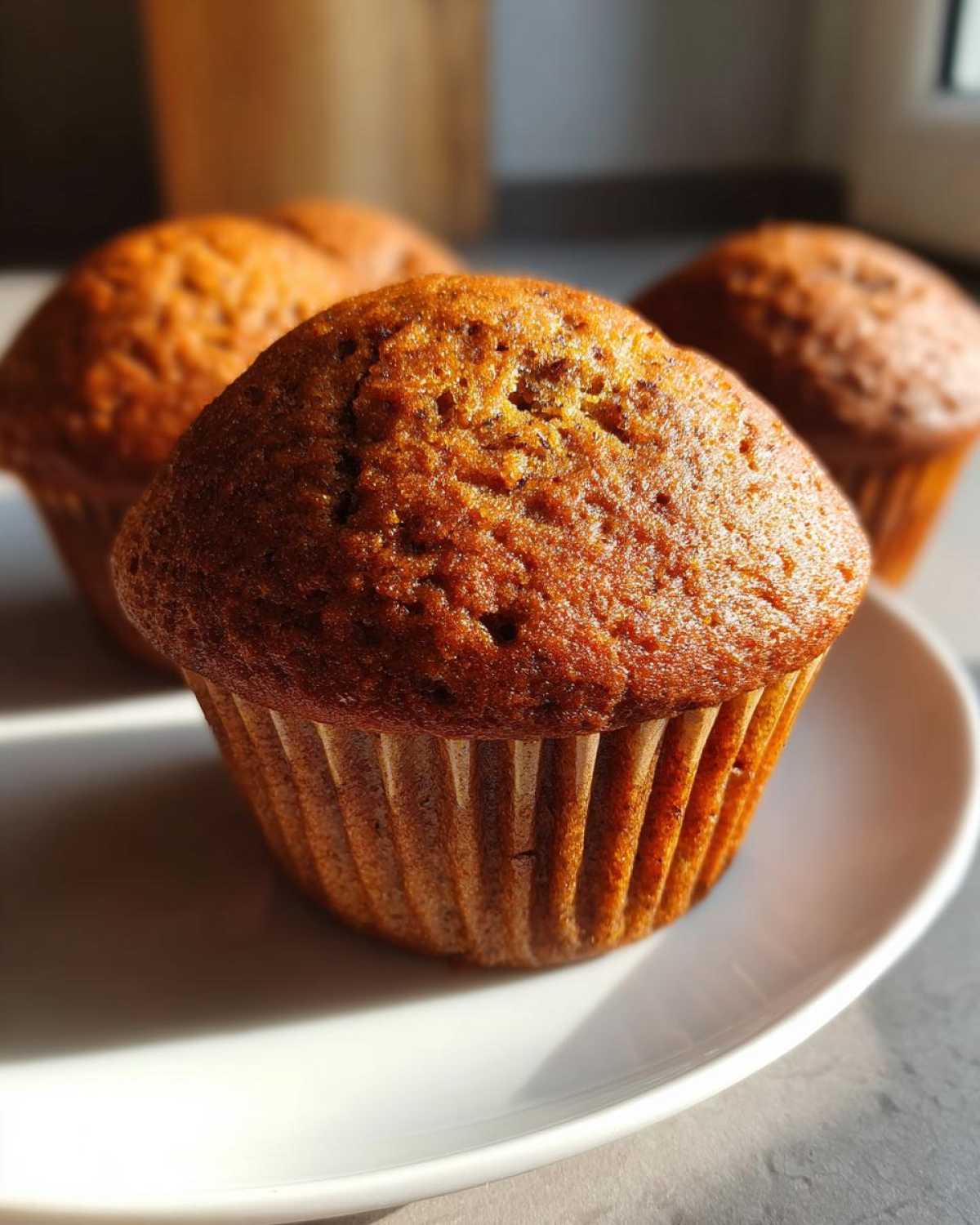 Close-up of a freshly baked, golden brown banana protein muffin sitting on a white plate.