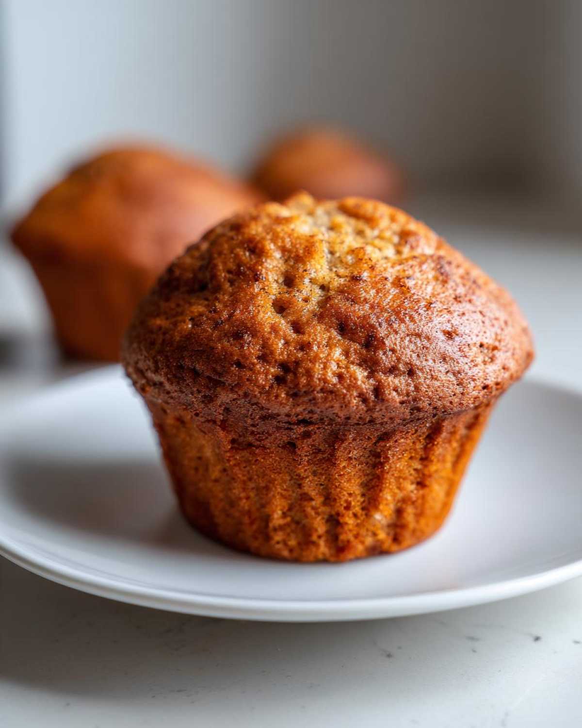 Close-up of a perfectly baked, golden brown banana protein muffin sitting on a white plate.