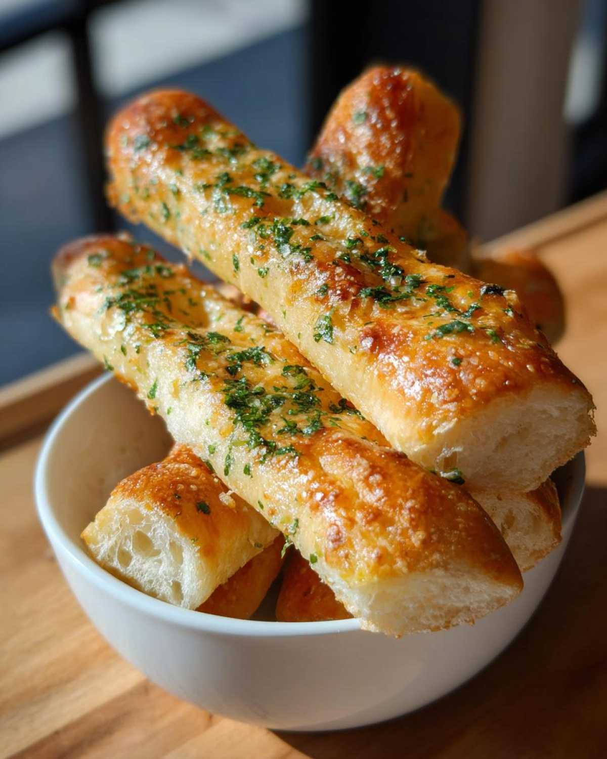 Close-up of freshly baked, golden breadsticks seasoned with garlic butter and chopped parsley, served in a white bowl.