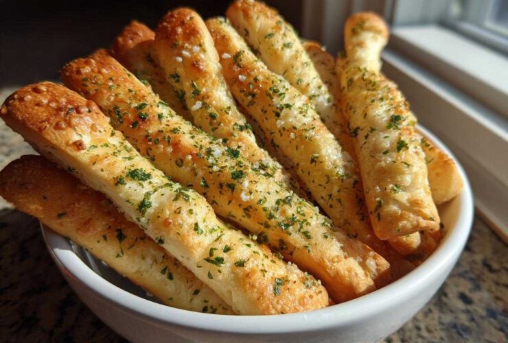 A close-up of freshly baked, golden breadsticks seasoned with garlic, cheese, and parsley, served upright in a white bowl.