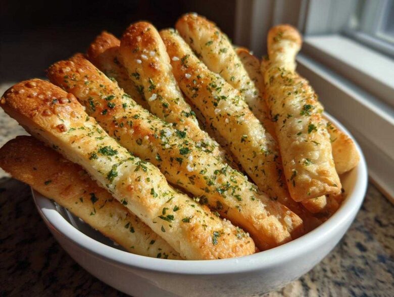 A close-up of freshly baked, golden breadsticks seasoned with garlic, cheese, and parsley, served upright in a white bowl.