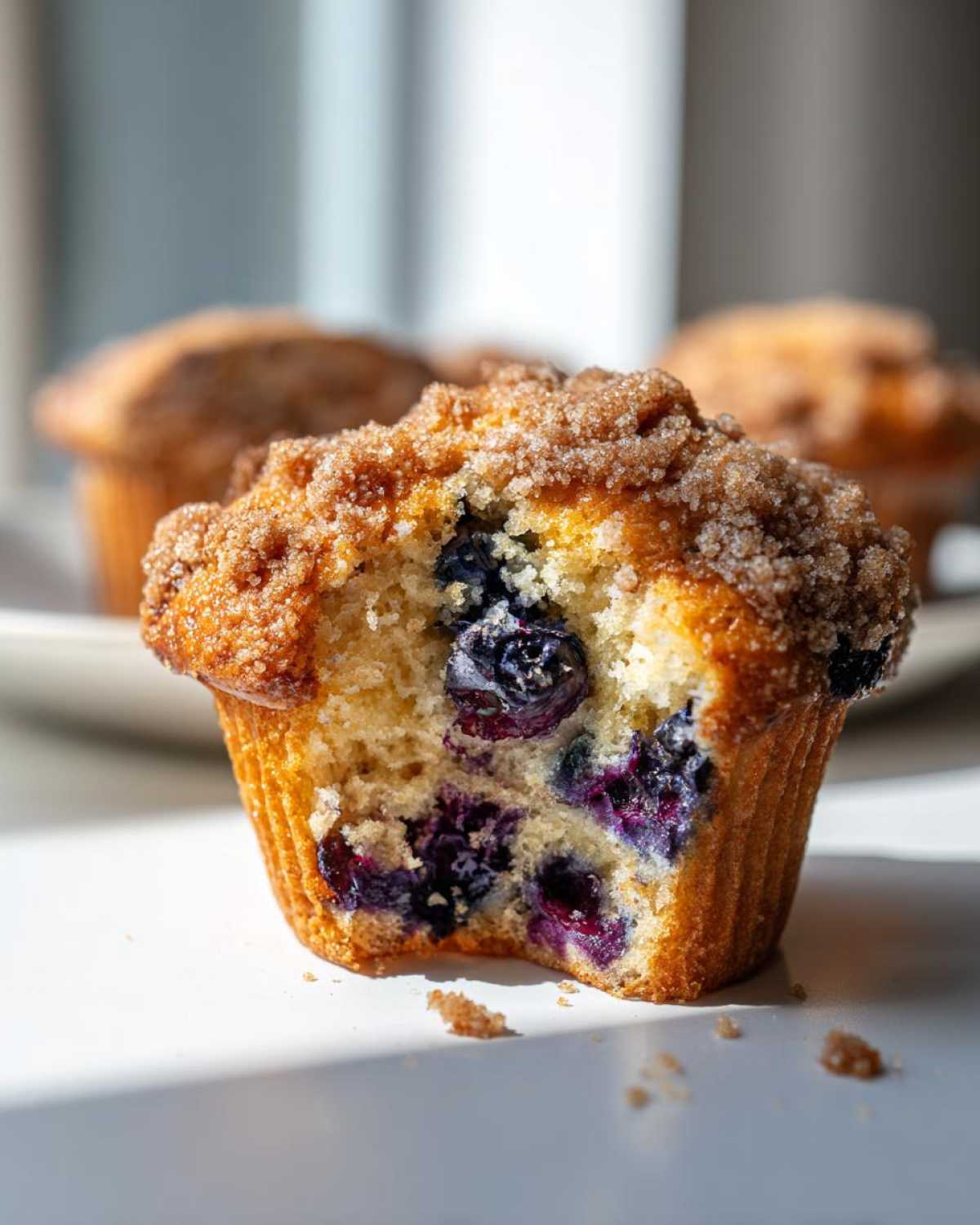Close-up of a freshly baked blueberry muffin, bitten open to show moist interior and juicy blueberries, topped with cinnamon sugar.