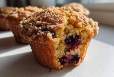 A close-up, cross-section view of a moist blueberry muffin with a sugary crumb topping, showing juicy blueberries inside.