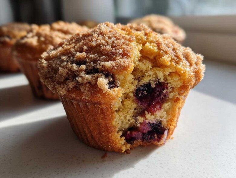 A close-up, cross-section view of a moist blueberry muffin with a sugary crumb topping, showing juicy blueberries inside.
