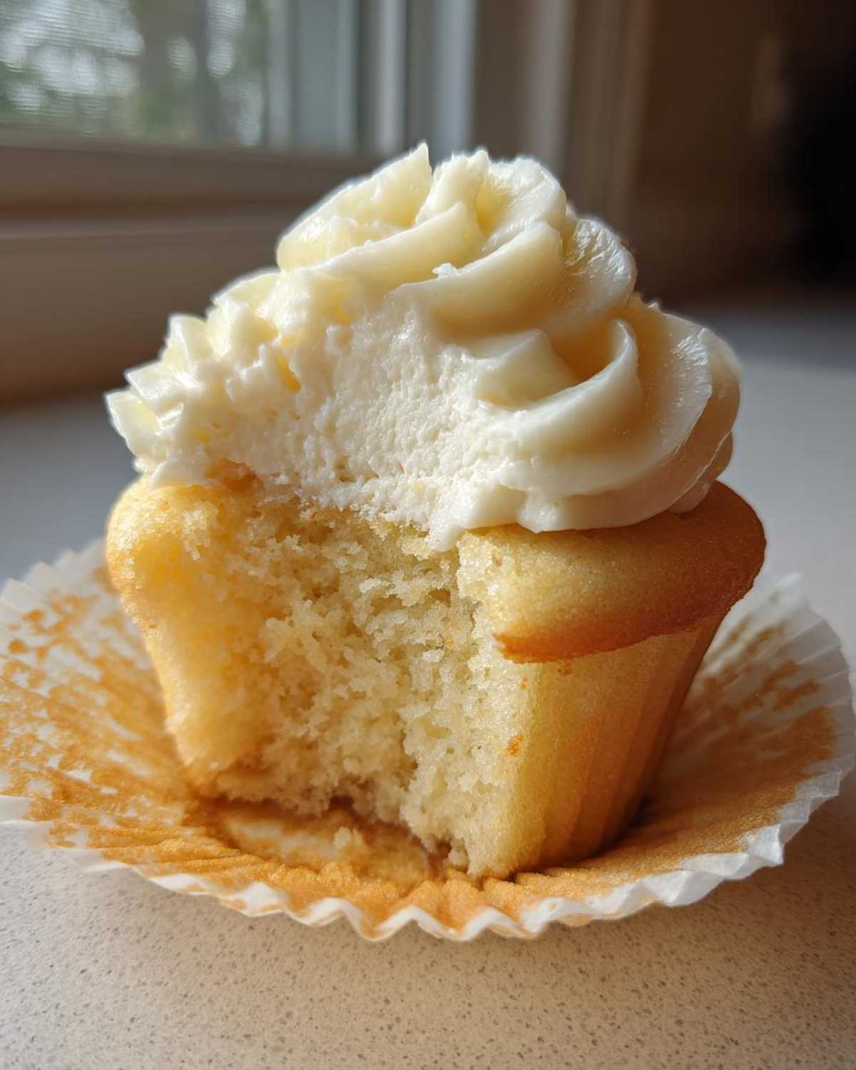 Close-up of a vanilla cupcake with a bite taken out, showing the moist crumb and thick swirl of white vanilla frosting.