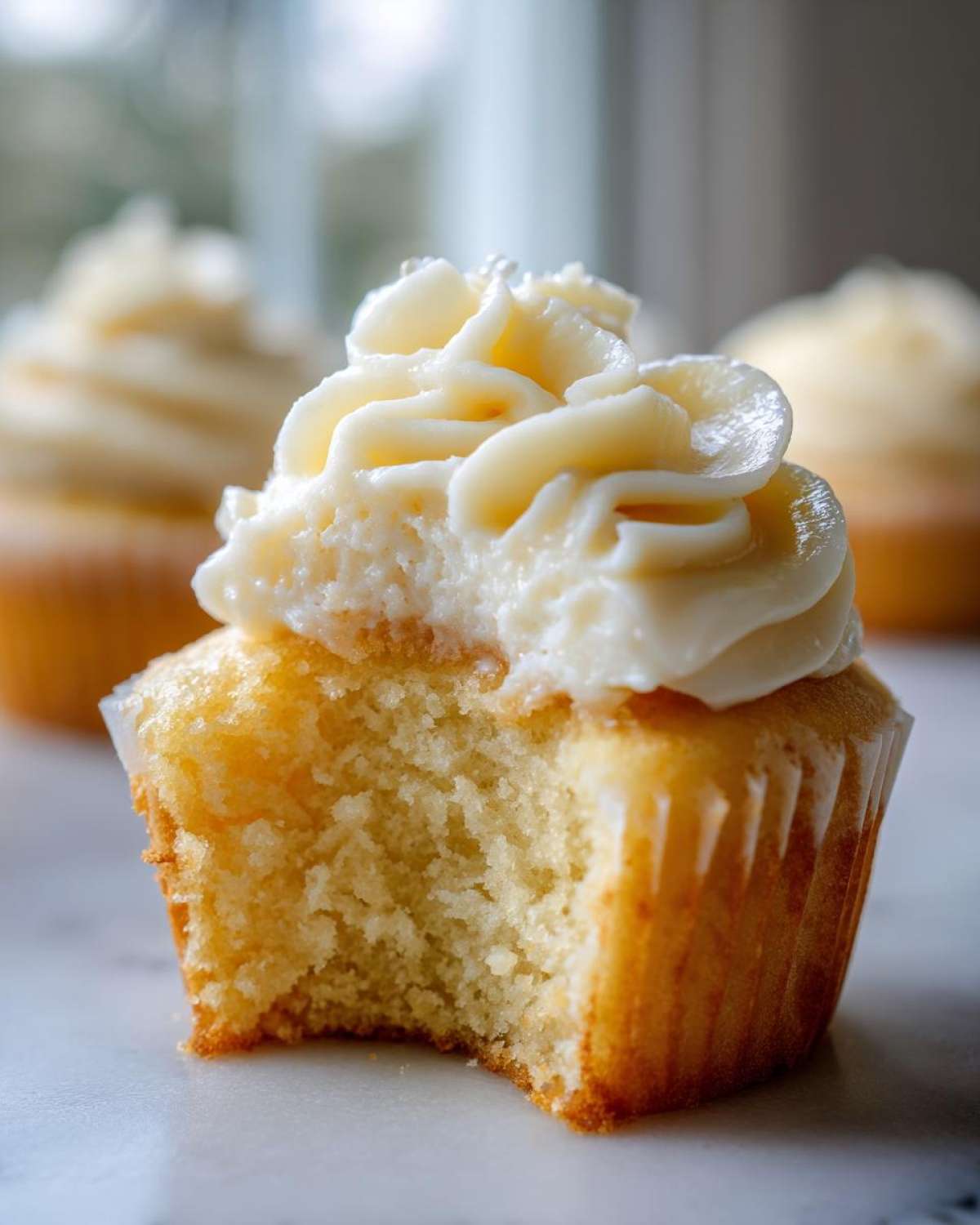 Close-up of a vanilla cupcake with a bite taken out, revealing the moist crumb and topped with swirled white frosting.