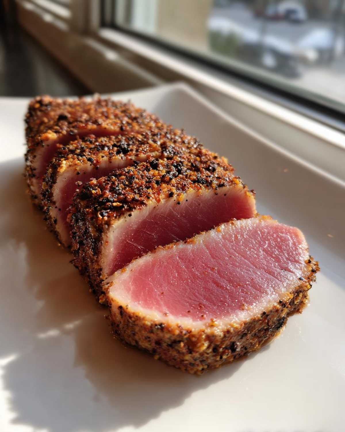 A thick, seared Blackened Tuna Steak, sliced to show the rare, pink center, resting on a white plate.