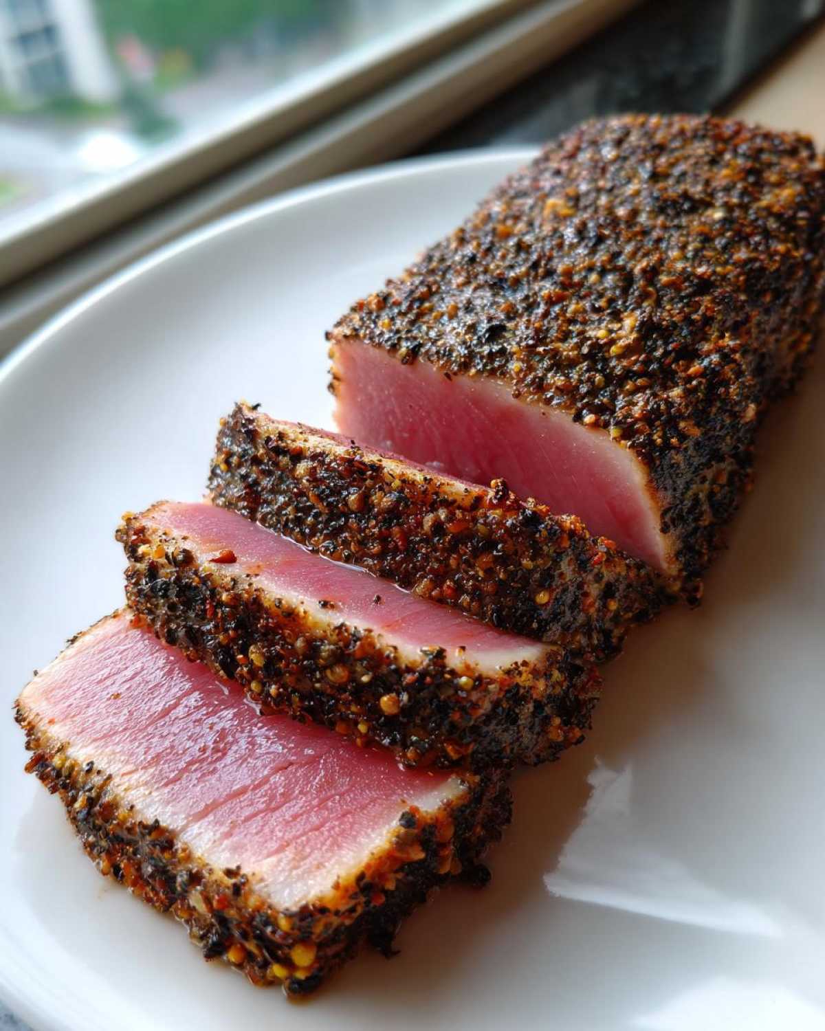 Close-up of a perfectly seared Blackened Tuna Steak, sliced to show the rare pink center and dark spice crust.