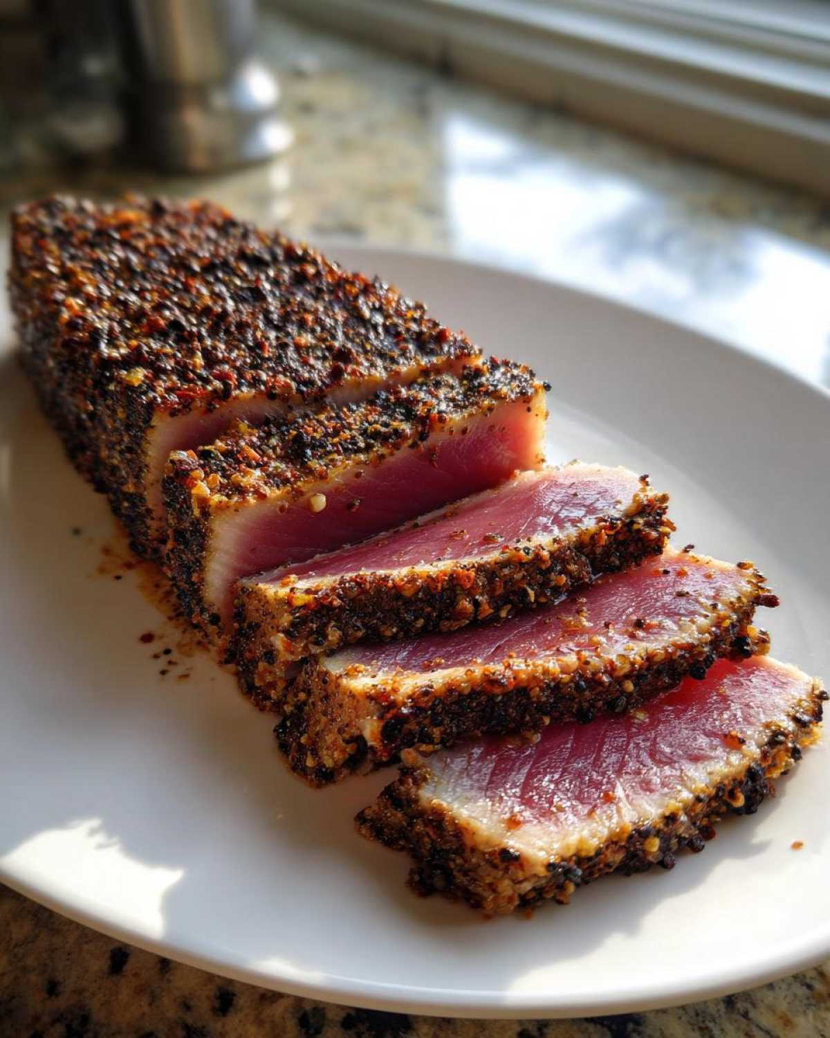 Slices of perfectly seared Blackened Tuna Steak showing a deep red, rare center and a thick, dark spice crust.