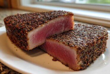 Two thick halves of a perfectly seared Blackened Tuna Steak showing a rare, pink center on a white plate.