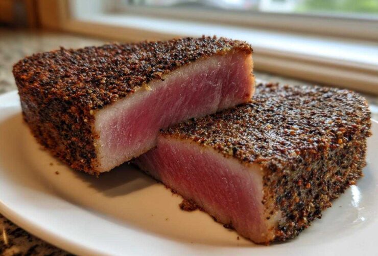 Two thick halves of a perfectly seared Blackened Tuna Steak showing a rare, pink center on a white plate.