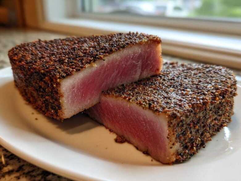 Two thick halves of a perfectly seared Blackened Tuna Steak showing a rare, pink center on a white plate.