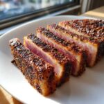Four thick slices of perfectly cooked Blackened Tuna Steak, showing a dark spice crust and rare pink center.