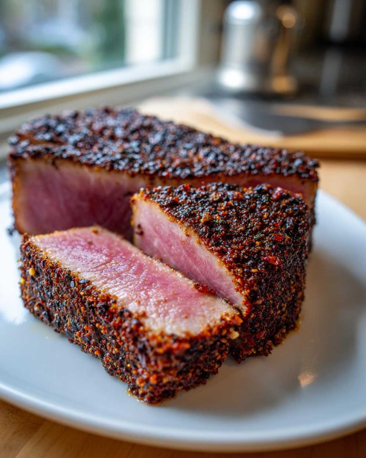 Close-up of perfectly cooked Blackened Tuna Steak, showing a dark spice crust and rare pink center.