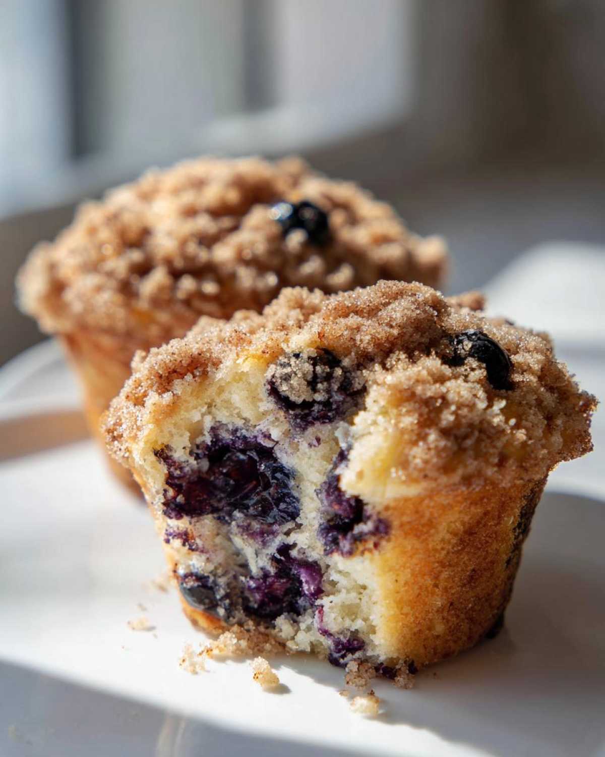 A close-up of a blueberry muffin cut in half, showing juicy berries and a thick cinnamon sugar crumb topping.