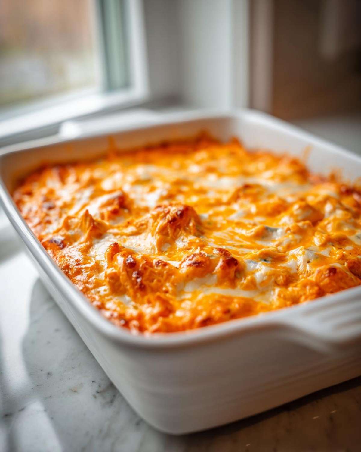 Close-up of hot, bubbly Buffalo chicken dip topped with melted orange cheese in a white baking dish.