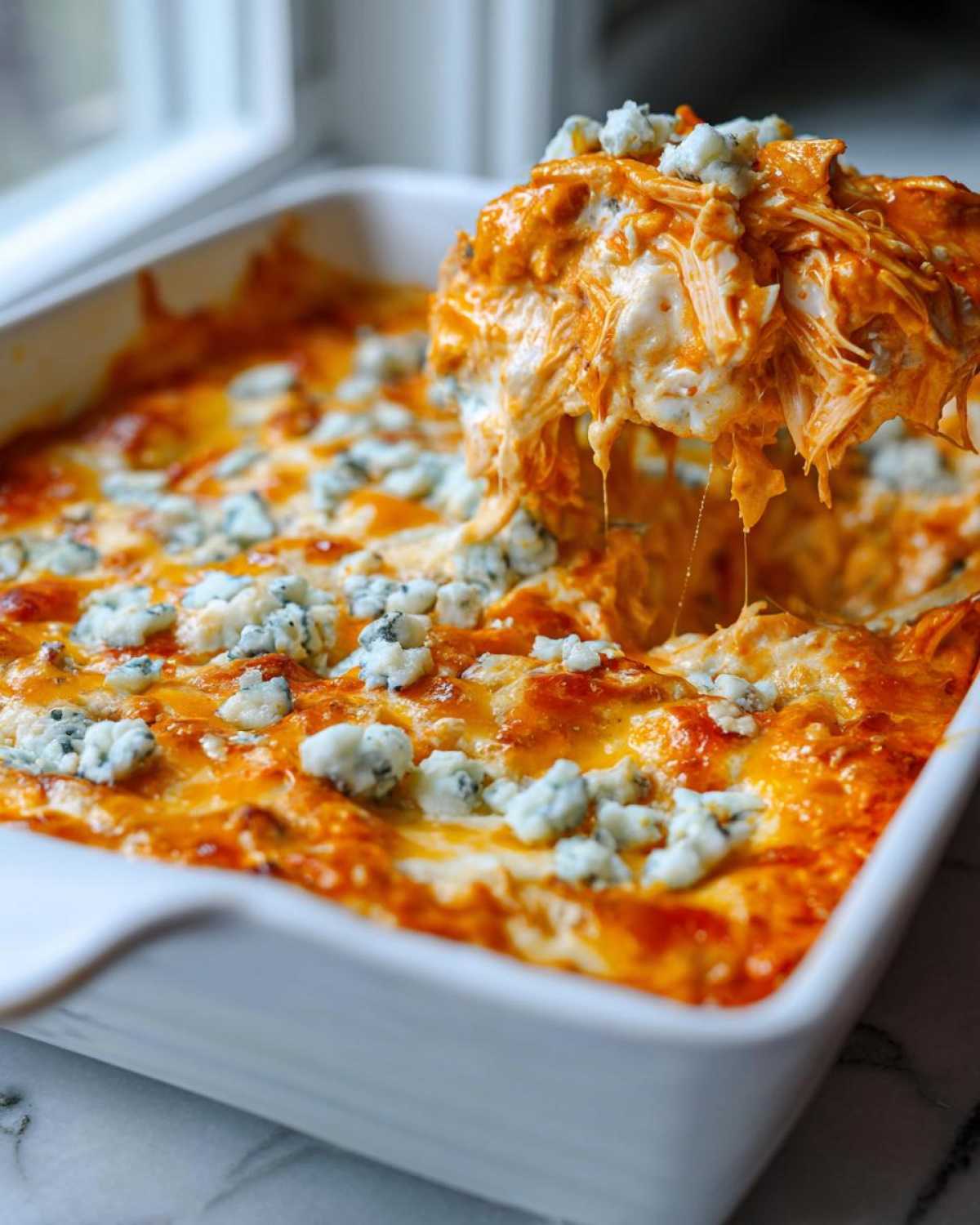 A spoonful of hot, cheesy Buffalo chicken dip is lifted from a white baking dish, showing stringy cheese and blue cheese crumbles.
